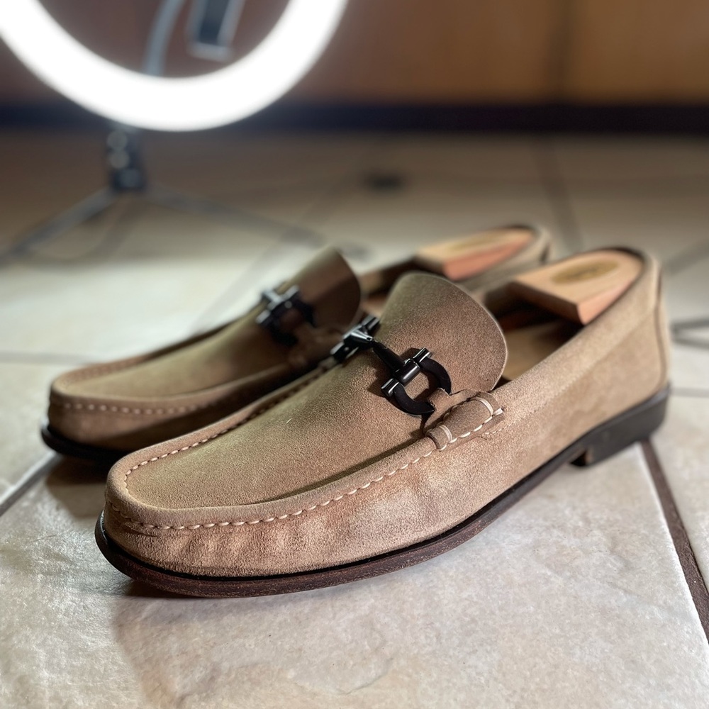 Salvatore Ferragamo Beige Suede Bit Loafers